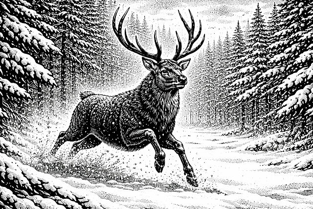 雪の森の中を走るエゾシカ